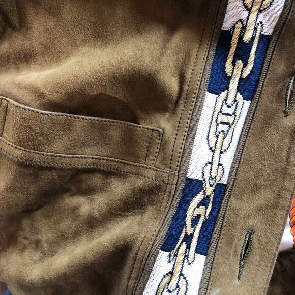 Torras Spain Vintage 80s Jacket Green Suede Gold Navy Knit Chain Link - Picture 7 of 14